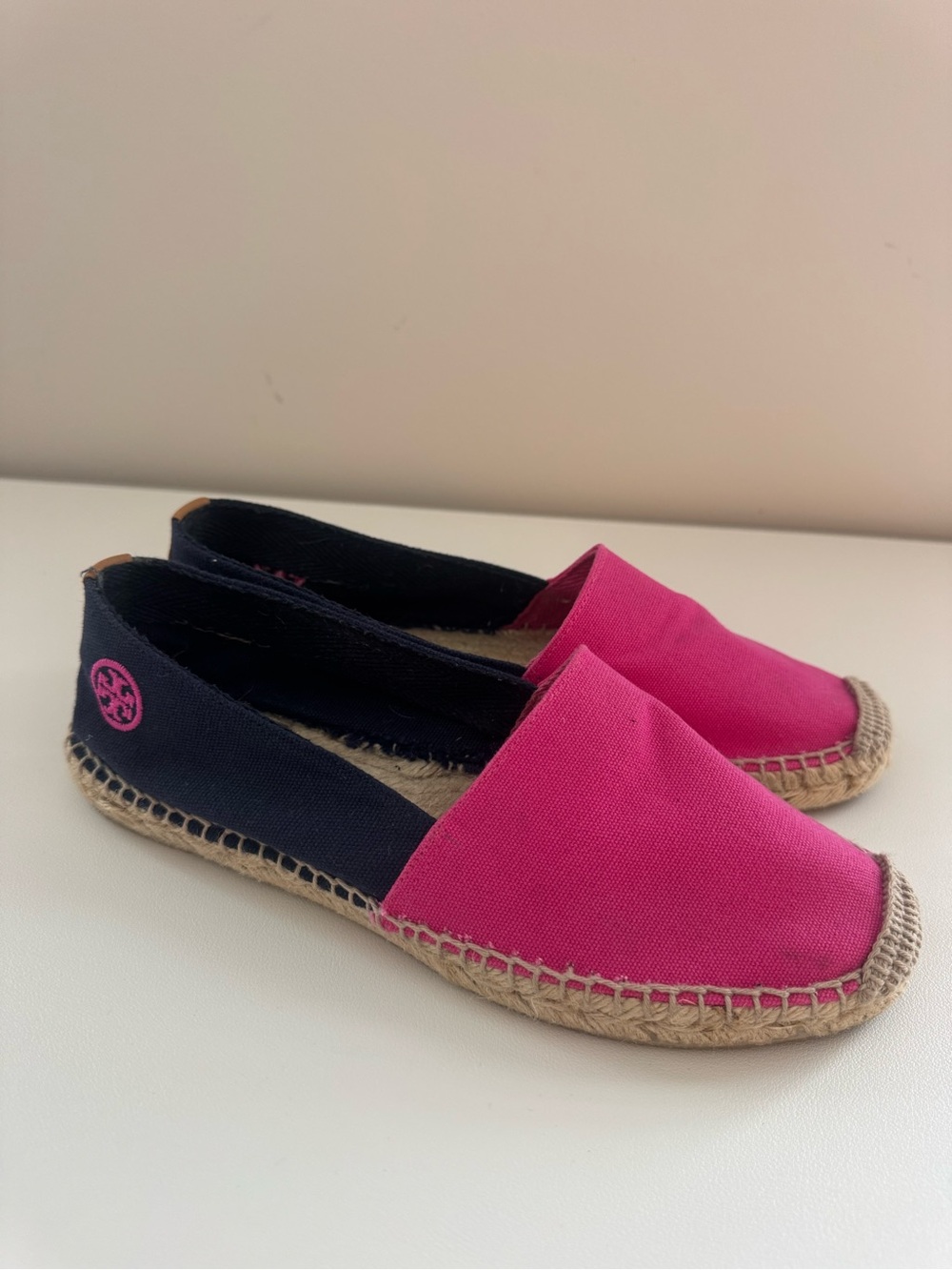 Tory Burch Pink and Navy Canvas Espadrilles